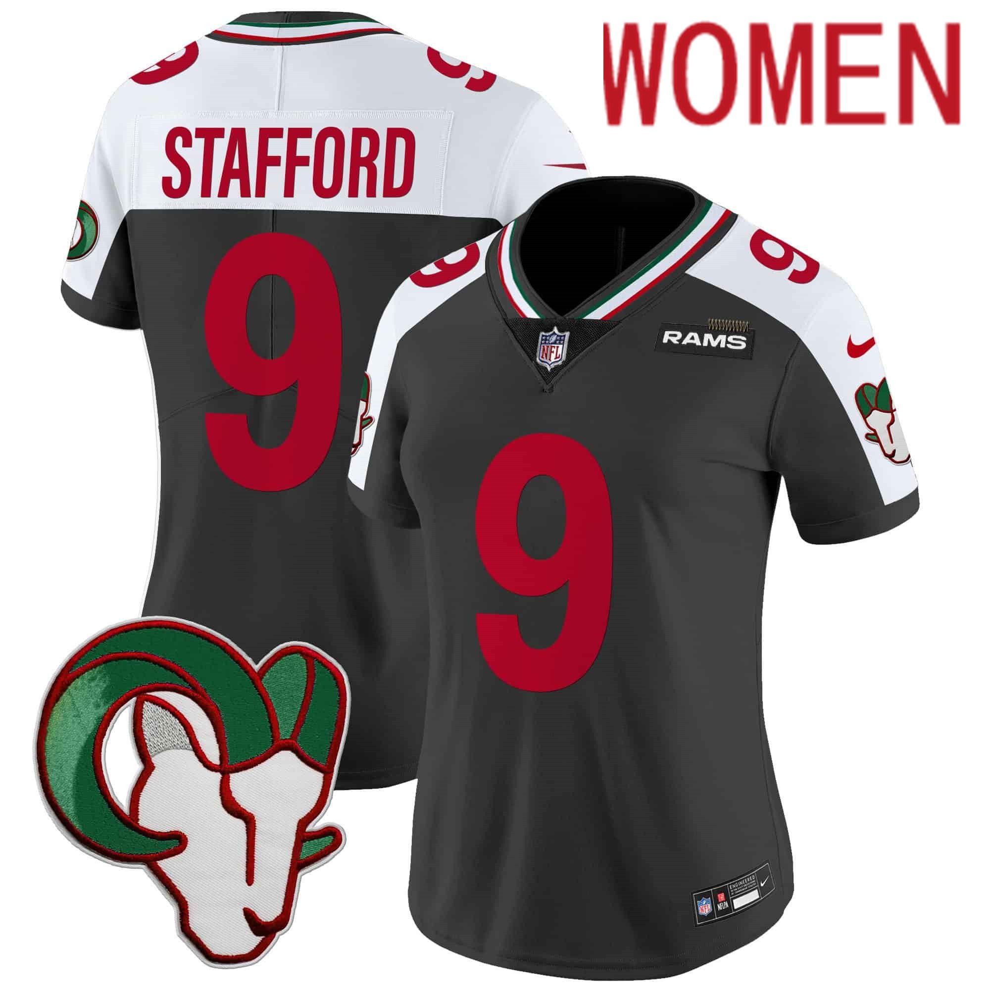 Women Los Angeles Rams #9 Stafford Black 2024 Nike Mexico Vapor Limited NFL Jersey style 1->women nfl jersey->Women Jersey